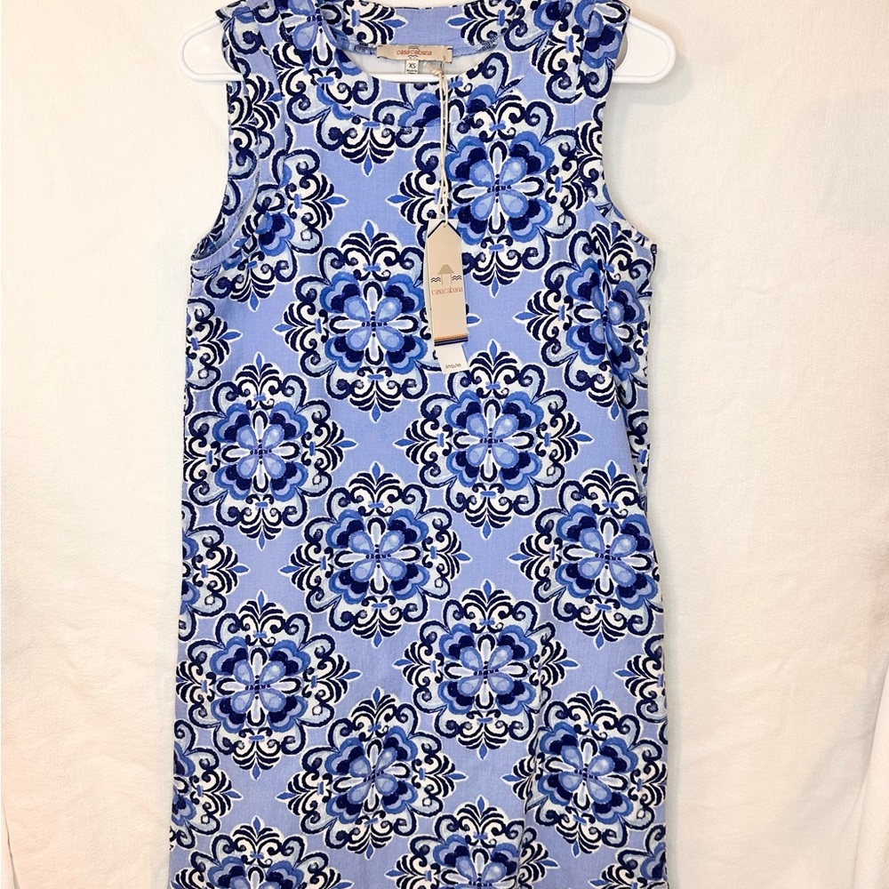 Casa Cabana Blue and White Mini Sheath Dress with Sleeveless Design for Cocktail